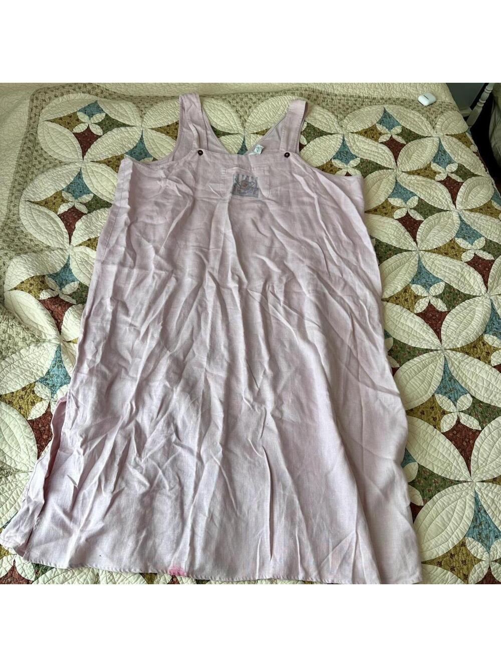 Vintage 90s pink 100% linen overall maxi dress cottagecore garden spring